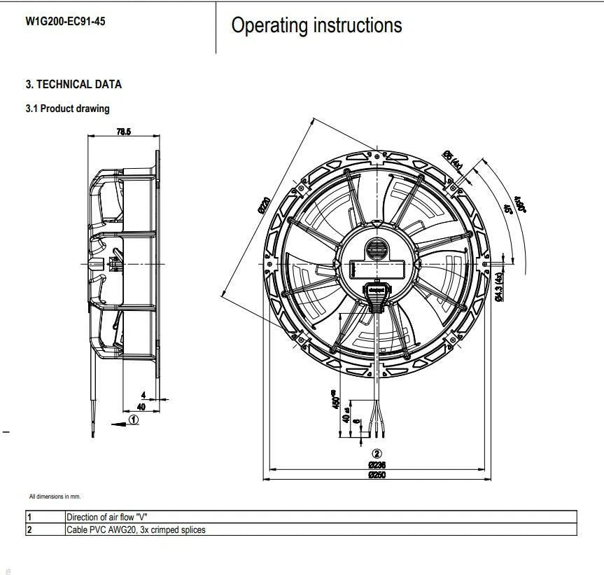 Ebmpapst W1G200-EC91-45 Compact Axial Fan 230V 31W φ200mm Motor Refrigerator Fan
