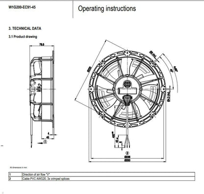 Ebmpapst W1G200-EC91-45 Compact Axial Fan 230V 31W φ200mm Motor Refrigerator Fan