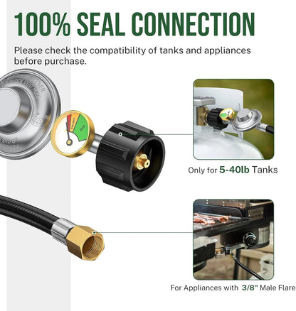 6ft Propane Regulator with Hose&Gauge, 0-1Psi Hose, Gas 6 Feet, Black