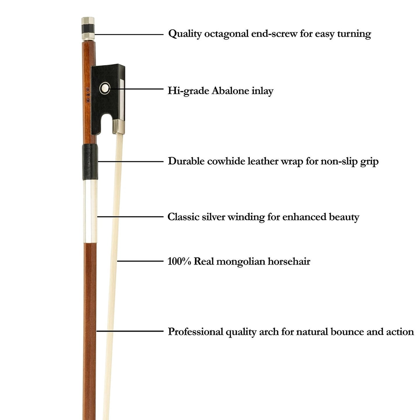 MI&VI NB-510 Brazilwood Violin Bow 4/4 (Full Size) with 4/4, silver