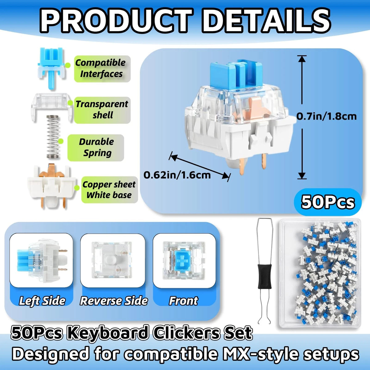 Kevvnza 50 Pcs Blue Clicky Mechanical Keyboard Switches with Switch