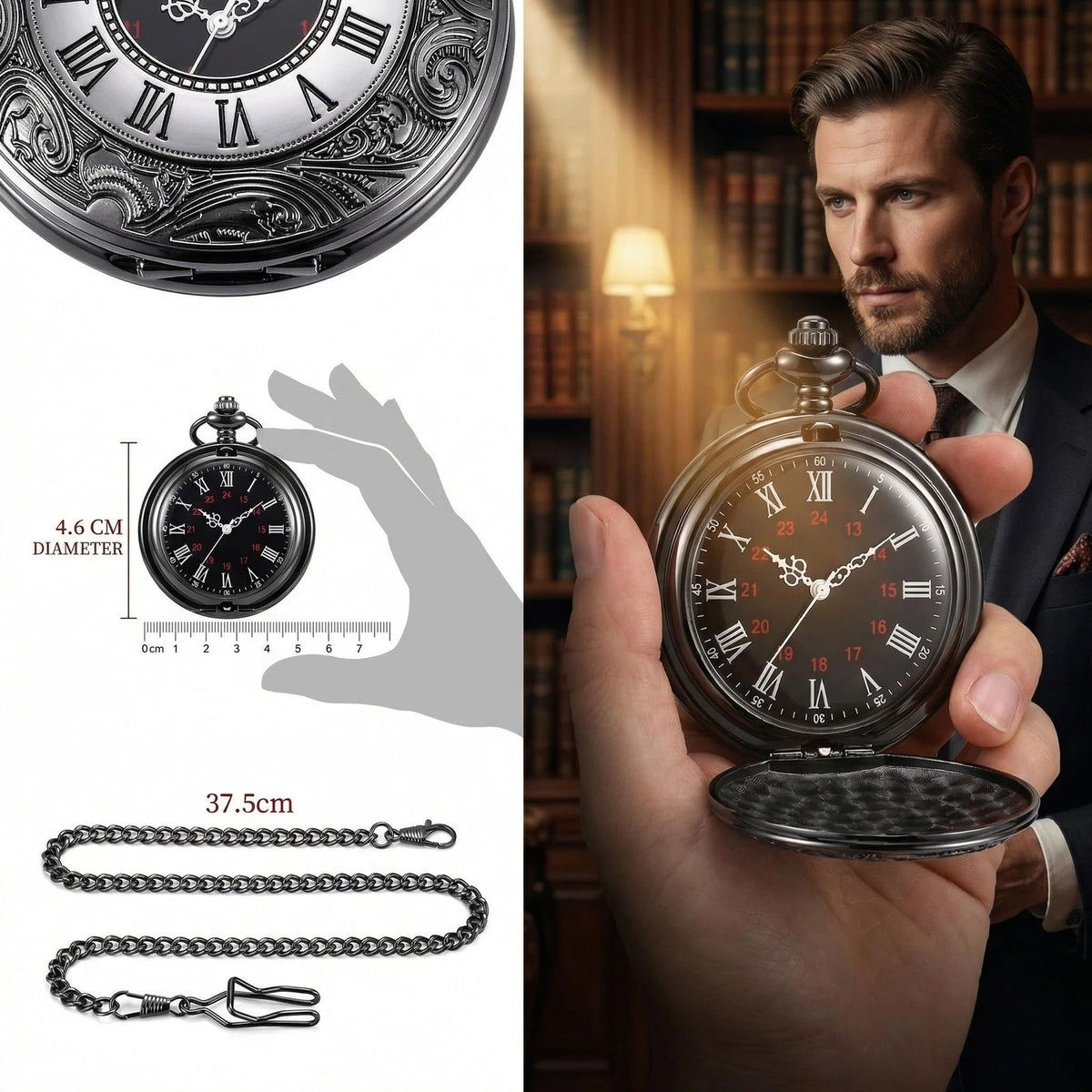 MJSCPHBJK Vintage Pocket Watch for Men Roman Numerals Scale Quartz Black