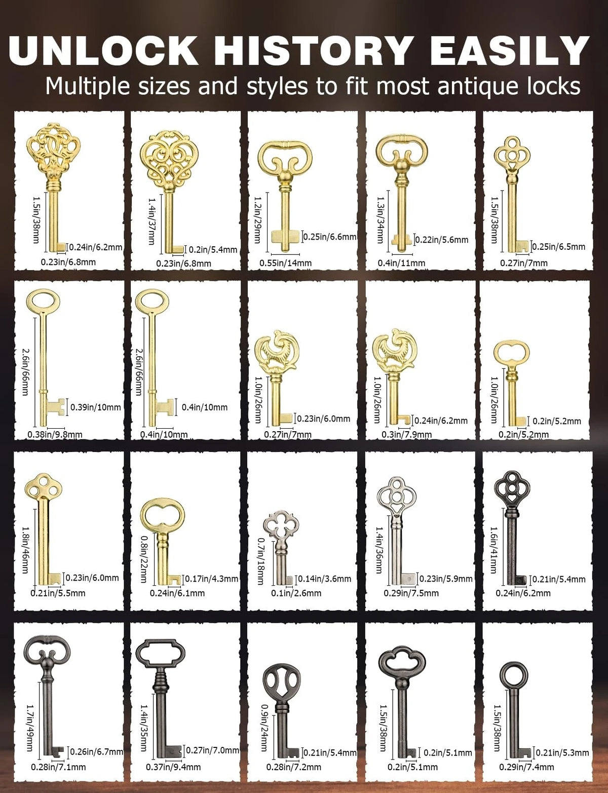 Skeleton Key, 20PCS Universal Hollow Barrel Antique Keys Gold, Black, Silver