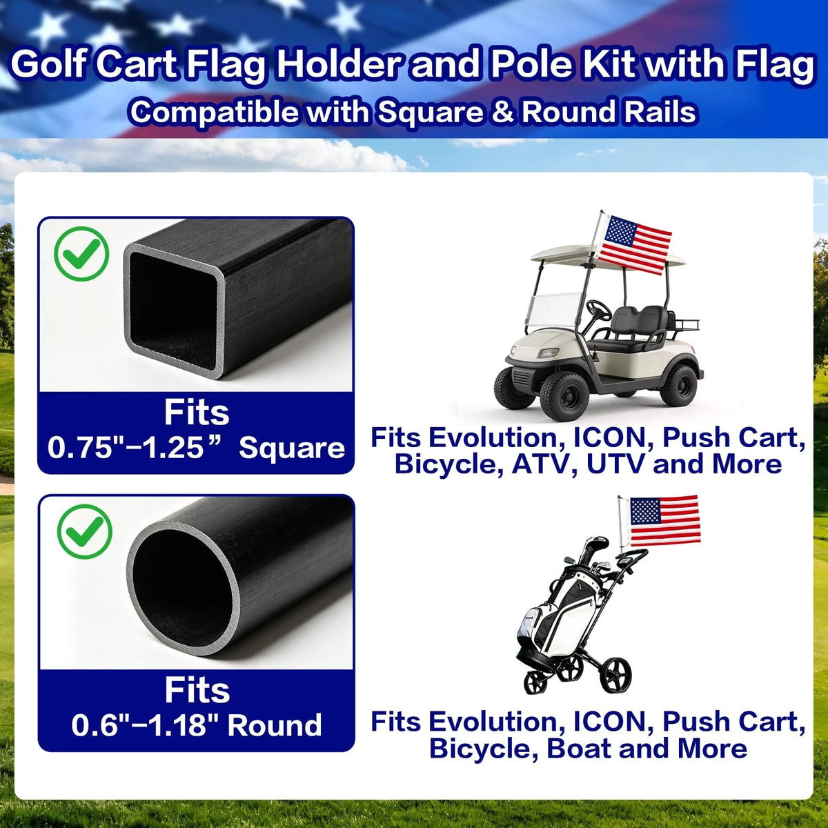 Golf Cart Flag Holder and Pole Kit, Adjustable 12" x 18", Black-1 Pack