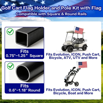 Golf Cart Flag Holder and Pole Kit, Adjustable 12" x 18", Black-1 Pack