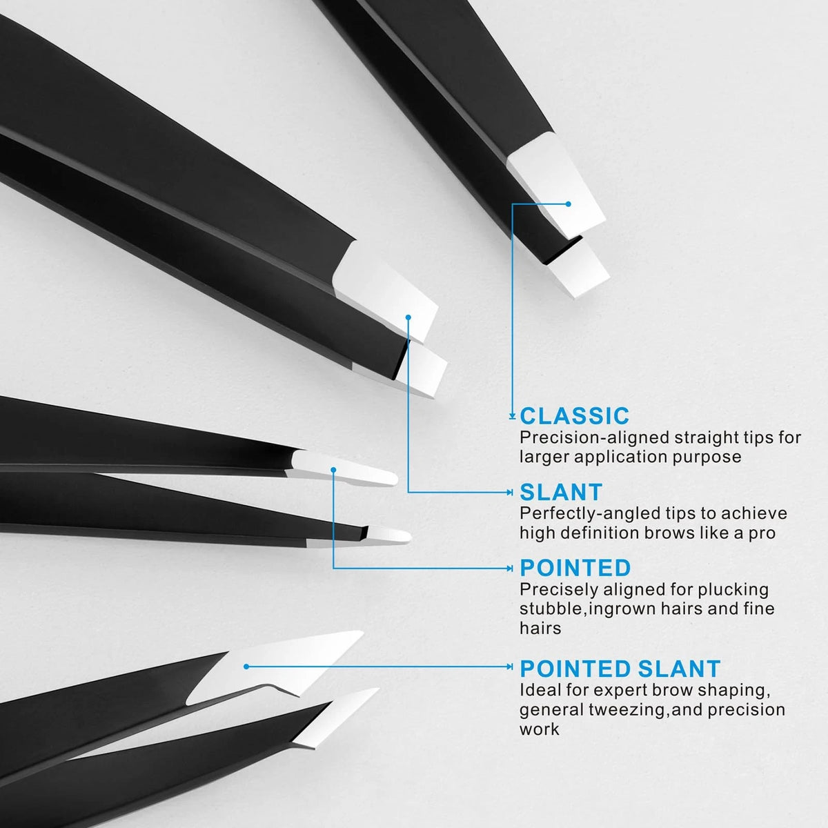 Pefei Tweezers Set - Professional Stainless Steel 4 Piece set, Black