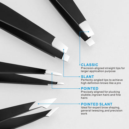 Pefei Tweezers Set - Professional Stainless Steel 4 Piece set, Black