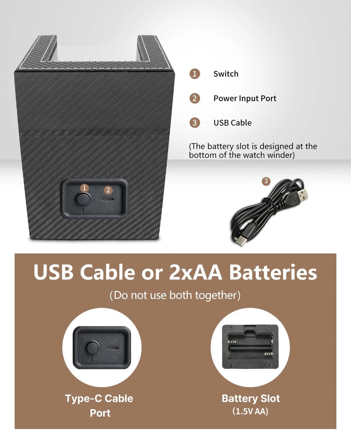 Watch Winder for Automatic Watches: Black Carbon Fiber Leather