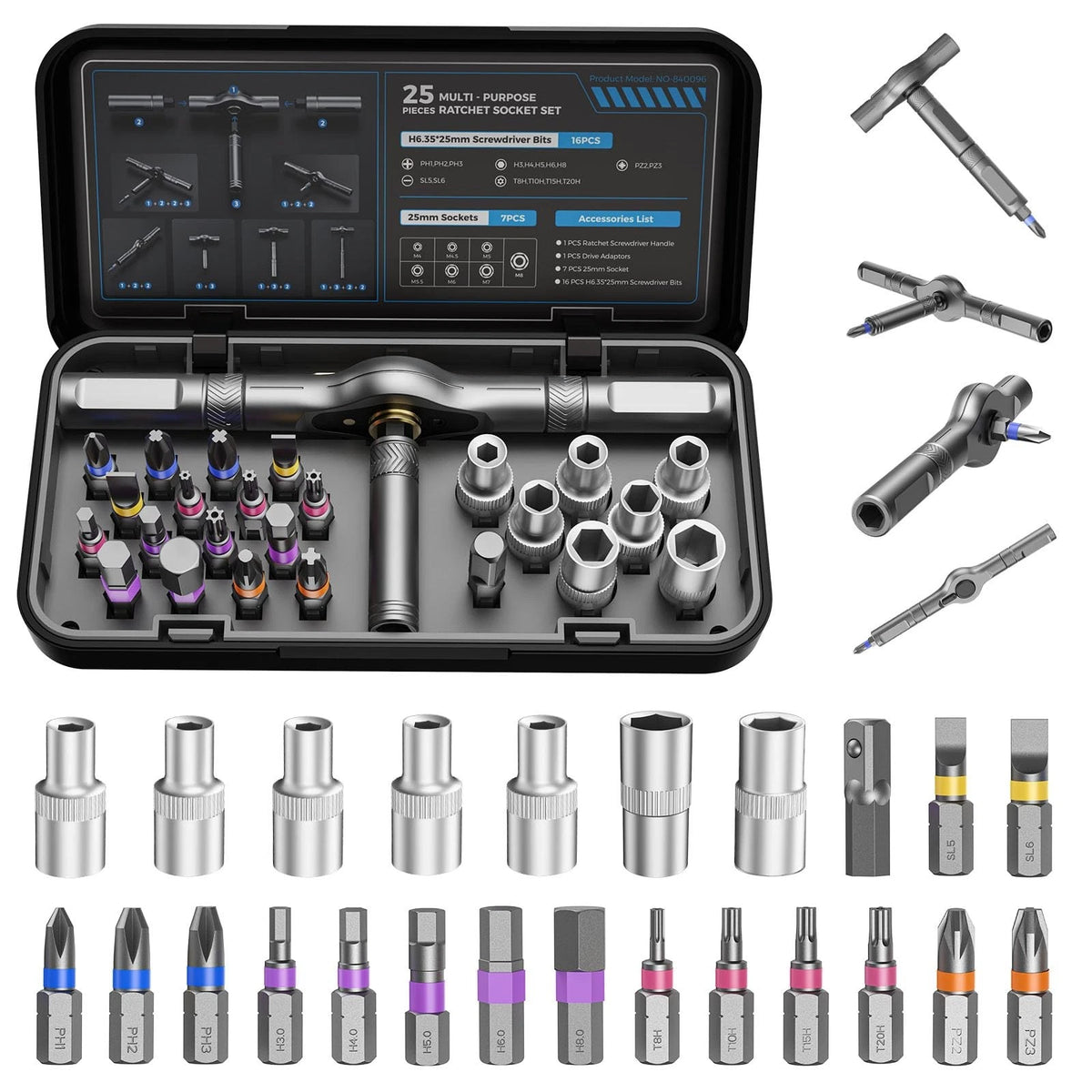 Kingsdun Magnetic 25 in 1 Ratchet Screwdriver Set, S2 Steel Bits with Black