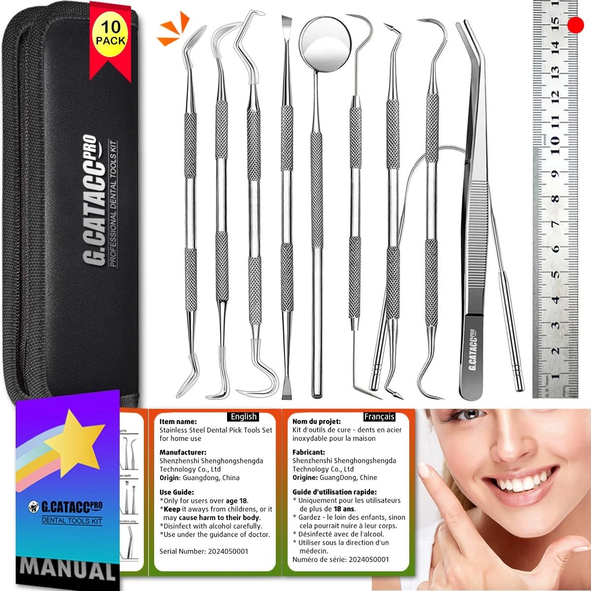 G.CATACC 10 Pack 11 Piece Set, 10 Dental Tools Set With Case - Black