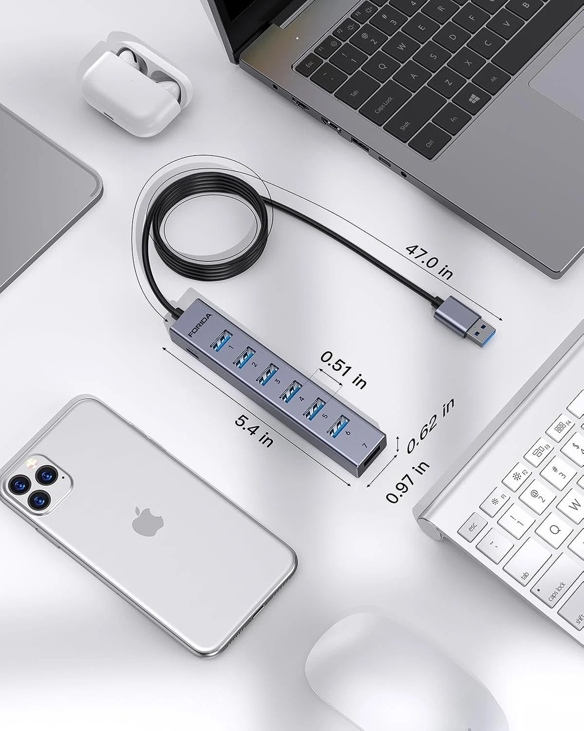 FORIDA USB to Hub Long Cable, 8 Ports 3.0 Adapter with 7 47IN
