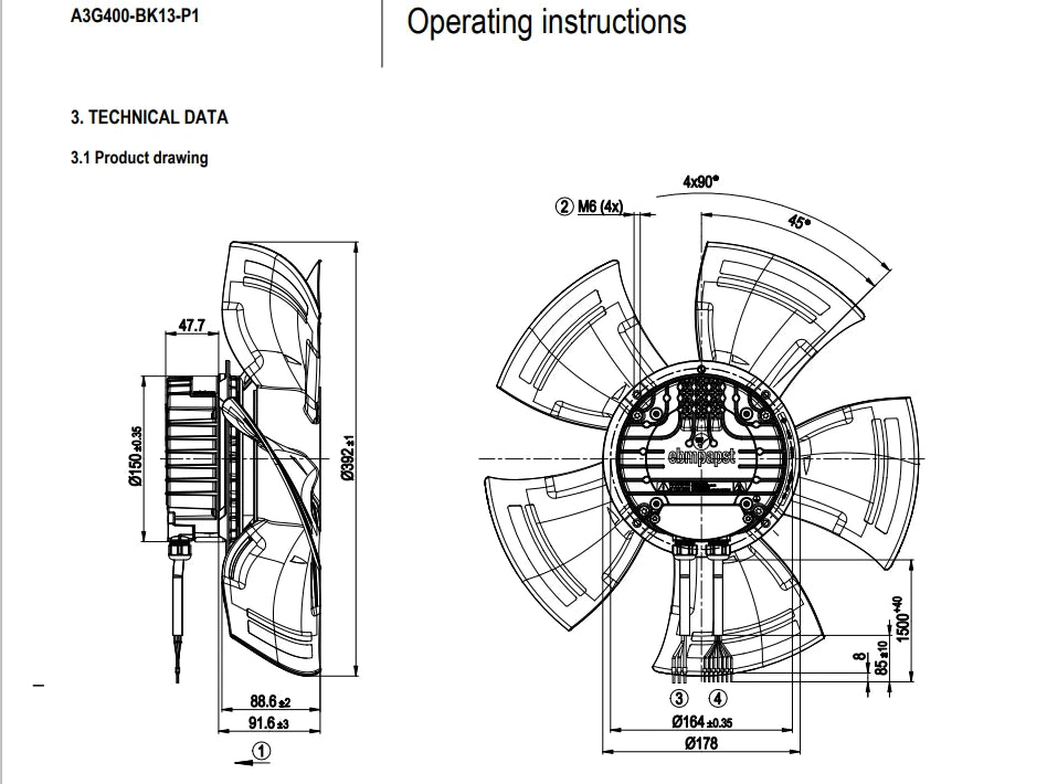 Ebmpapst A3G400-BK13-P1 EC Fan 110VDC 1.75A 950W 460W 4.2A 400MM IP55 Axial Fan