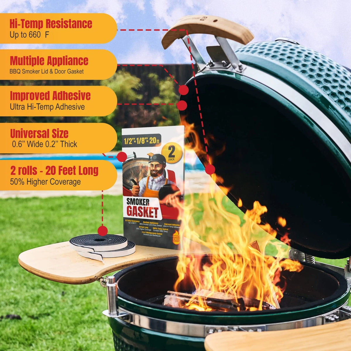 Smoker Chef XXL 20 FT Grill Gasket for Smokers - Black 1/2’’ 20 FT, Charcoal