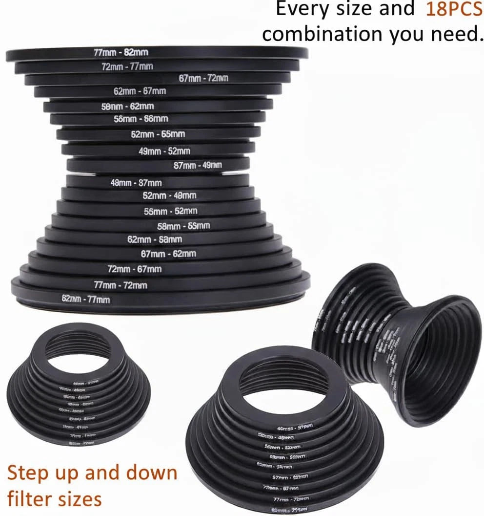 18Pcs 67-82mm Metal Step Up Down Filter Ring Adapter Set Compatible Black