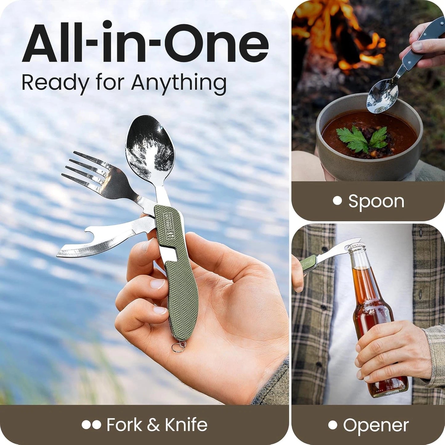 Orblue 4-in-1 Camping Eating Utensils, 2-Pack - Portable 2-PACK Olive Green