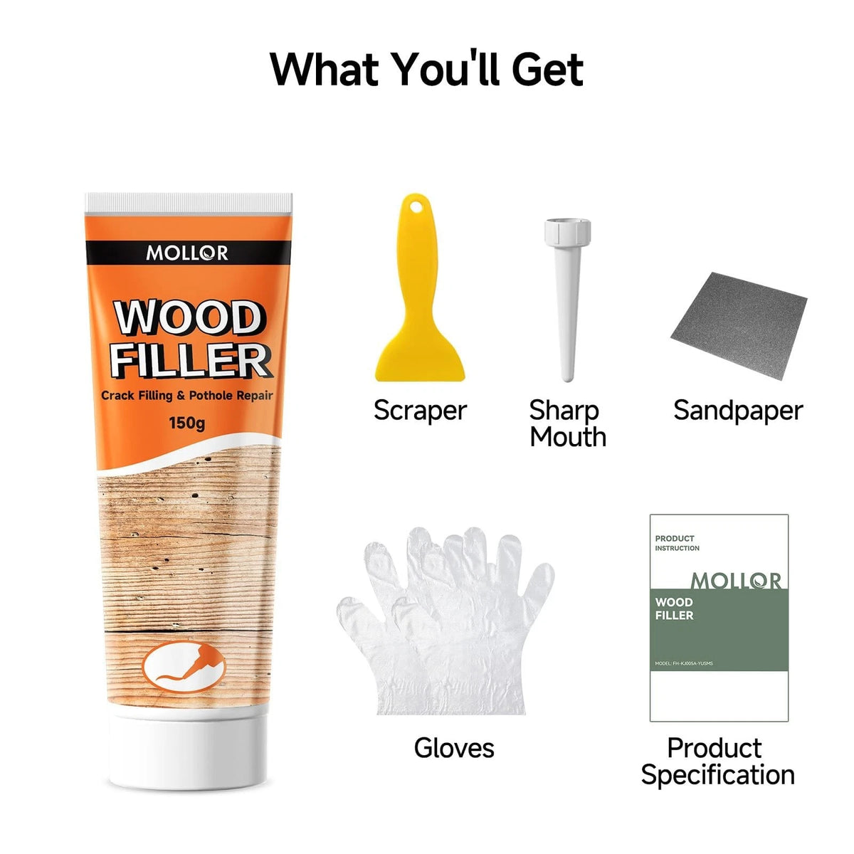 Mollor All Purpose Wood Filler, White Putty Repair for 150g,