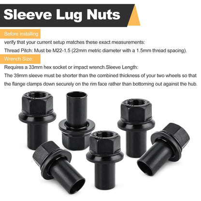 6-Piece 33mm Hex M22x1.5 Two-Piece Sleeve Lug Nuts, 39mm Shank