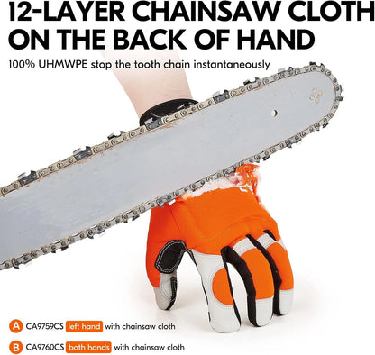 Vgo... Chainsaw Gloves,12-Layer X-Large (Pack of 1), Orange-left Protection