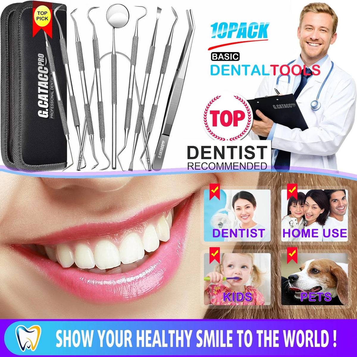 G.CATACC 10 Pack 11 Piece Set, 10 Dental Tools Set With Case - Black