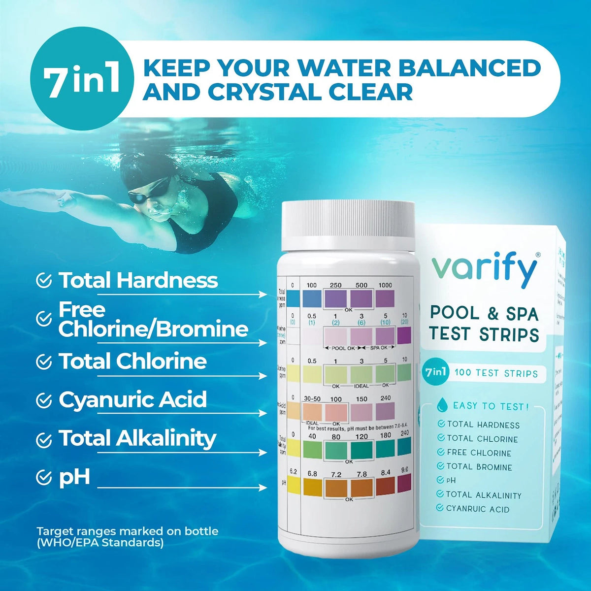 Varify 7 in 1 Pool and Spa Test Strips- Easy to Use Water Testing 100 Strips