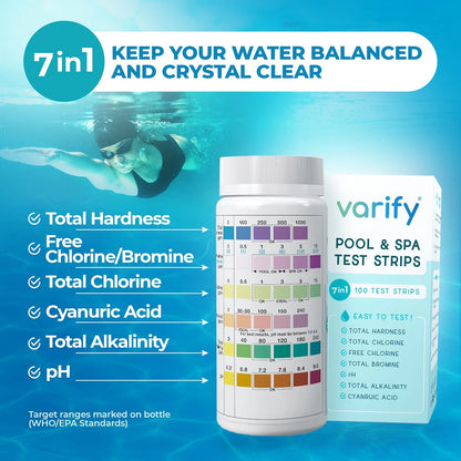 Varify 7 in 1 Pool and Spa Test Strips- Easy to Use Water Testing 100 Strips