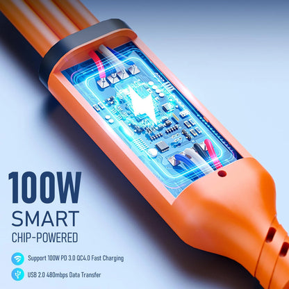 Travel Essentials 3 in 2 Multi Charging Cable 100W USB A/C to Dual Orange