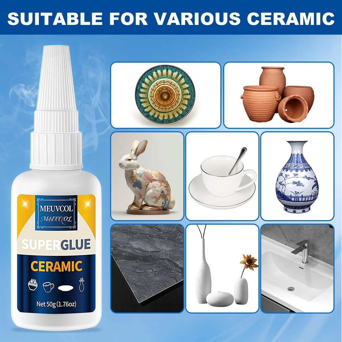 Meuvcol Ceramic Glue Repair Kit, 100g - Super for Porcelain and clear