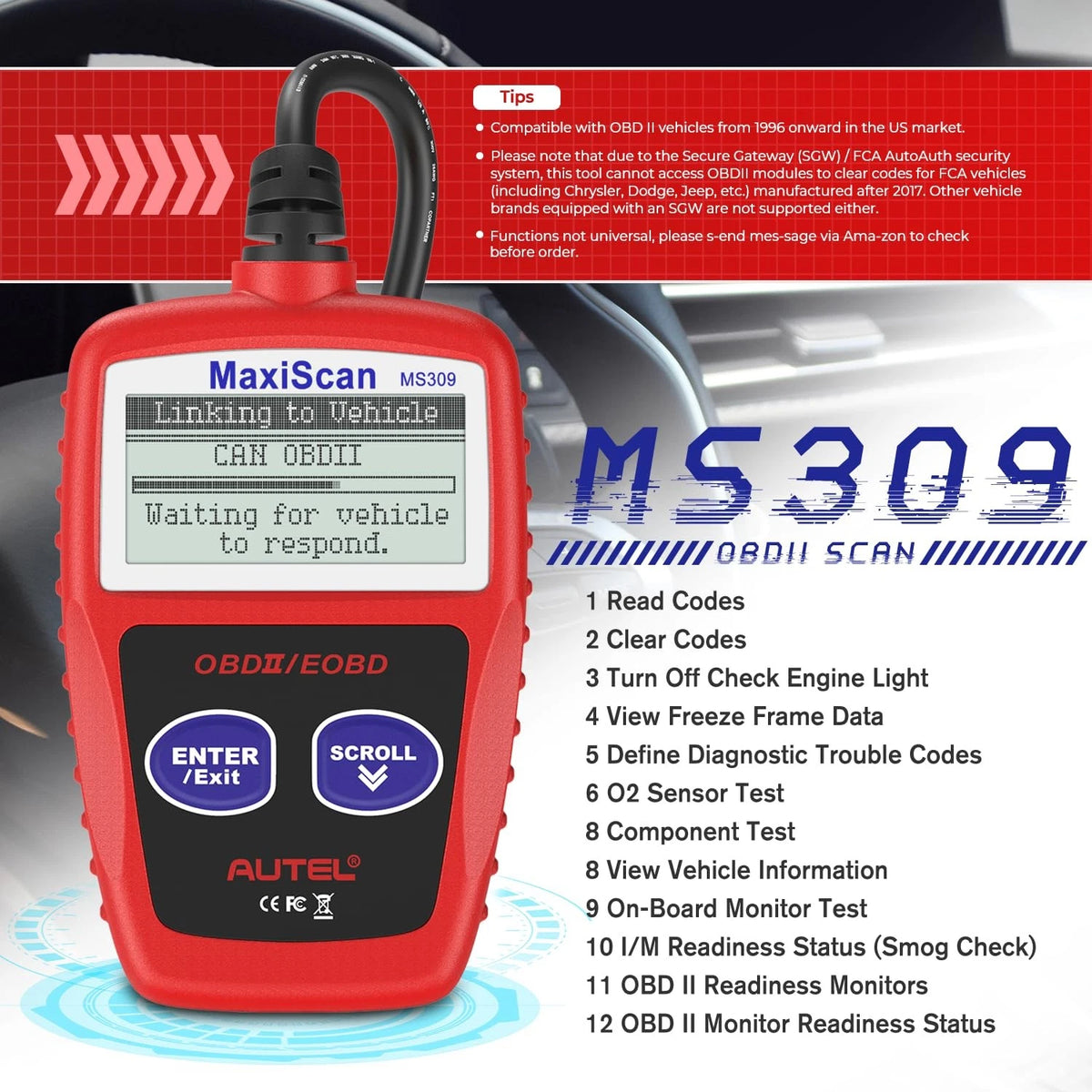 Autel OBD2 Scanner MS309 Universal Car Engine Fault Code Reader, Check S, Red