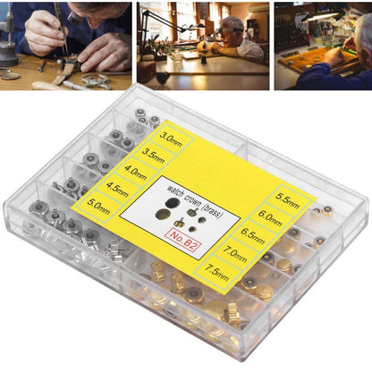 100Pcs Brass Watch Crown Watchmaker Repair Spare Parts Silver&Gold Heads Box D