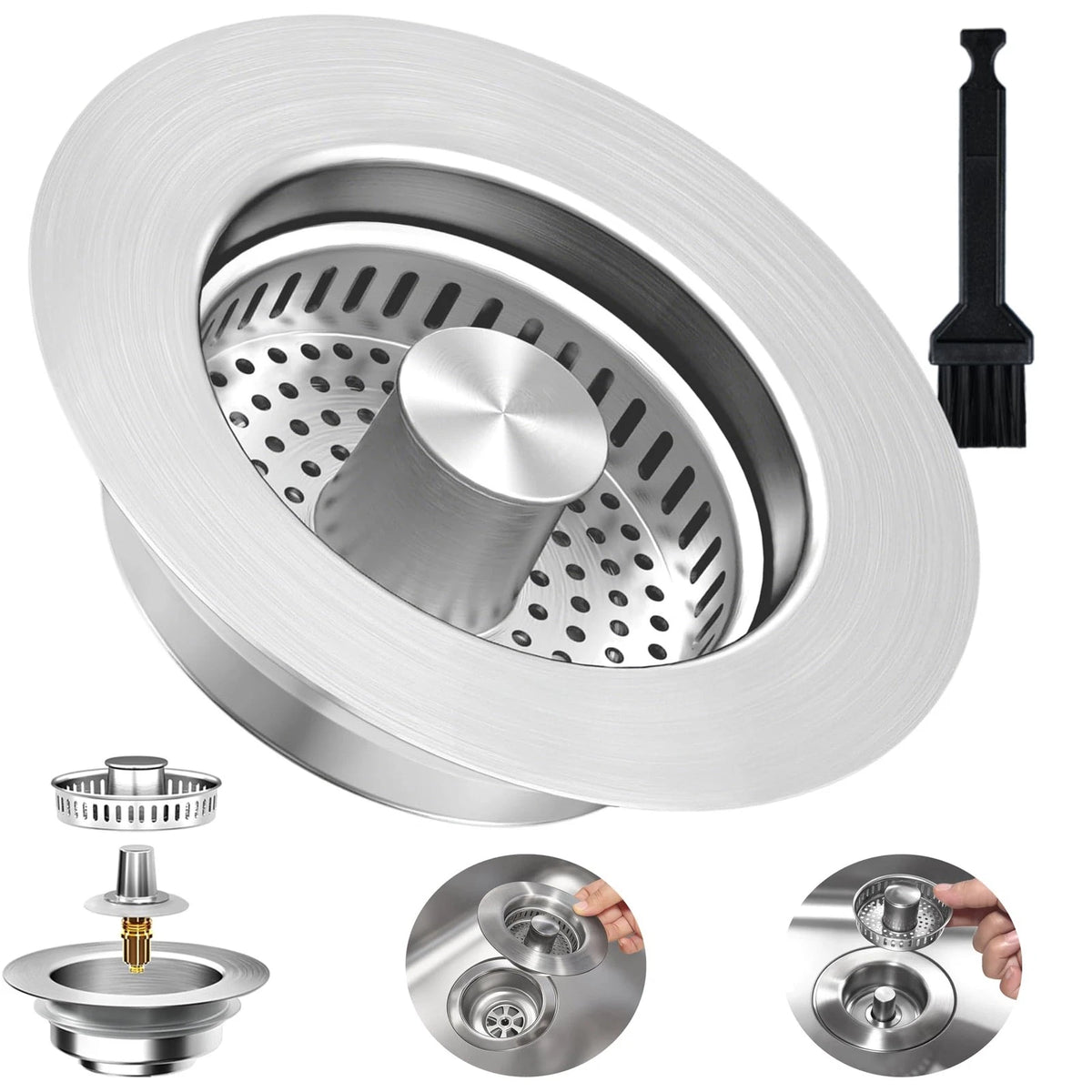 3-in-1 Kitchen Sink Drain Strainer Stopper, Upgraded Stainless Steel Silver
