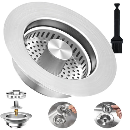 3-in-1 Kitchen Sink Drain Strainer Stopper, Upgraded Stainless Steel Silver