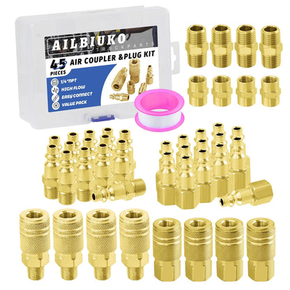 Ailbiuko Air Coupler & Plug Kit,45 Pcs 1/4" NPT Tool Fittings 1/4 inch