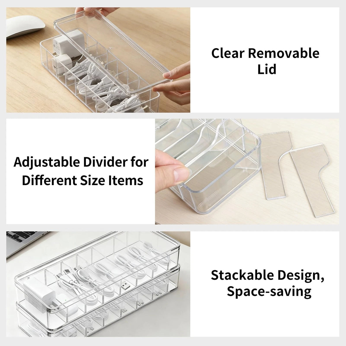 Cable Organizer Storage Box with Lid - Clear Phone Charger Cord 1 Pack,