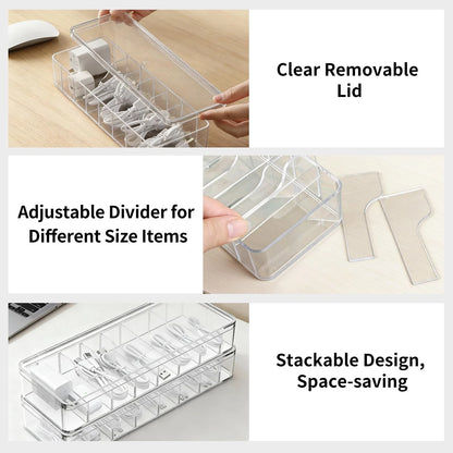 Cable Organizer Storage Box with Lid - Clear Phone Charger Cord 1 Pack,