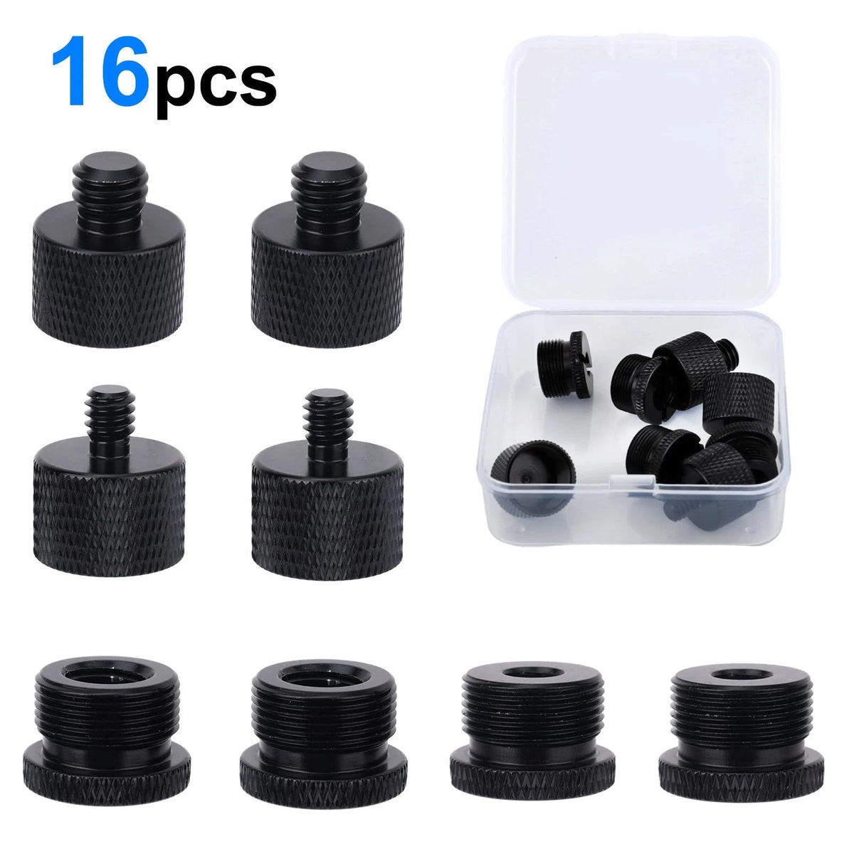16pcs Mic Stand Adapter Parts Set, 5/8 to 3/8 & 1/4 Aluminum black