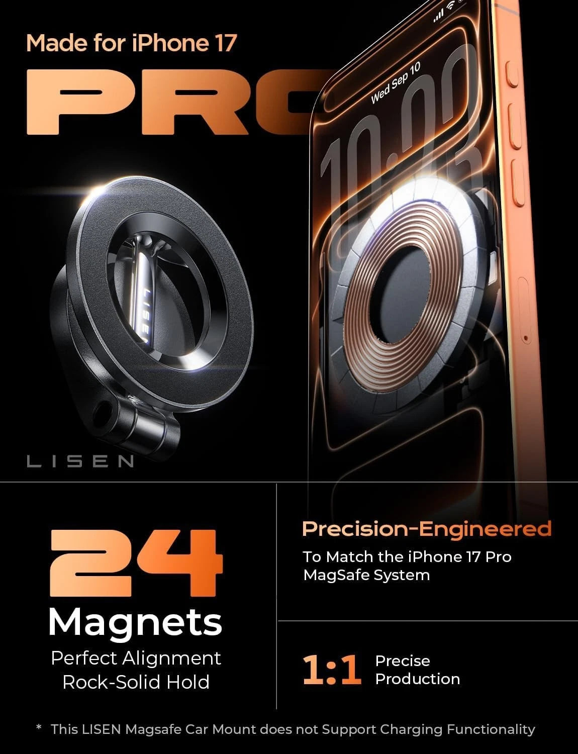 LISEN for MagSafe Car Mount iPhone 17 Pro Max [24 Driver Setup, Black