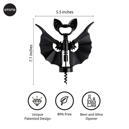 OTOTO Vino Spooky Bat 2-in-1 Wine & Beer Opener, Corkscrew & One Size, Black