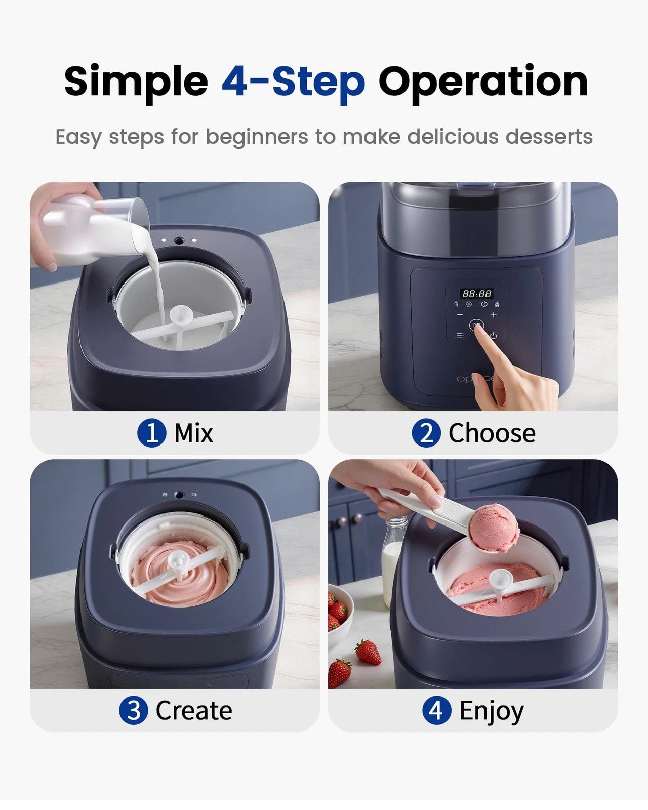 Oplace 4-in-1 Compressor Ice Cream Maker (1.0Qt), No 1.0Qt, Blue