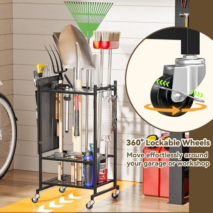 MWQ Garden Tool Organizer with Wheels, Rolling Yard Tower Wheeled, Black