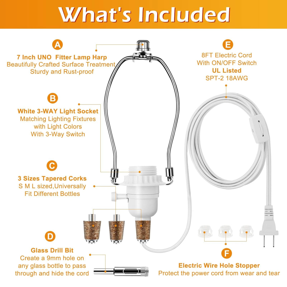 Make a Lamp or Rewire Kit,DIY Bottle Wiring Kit Includes 3-Way white