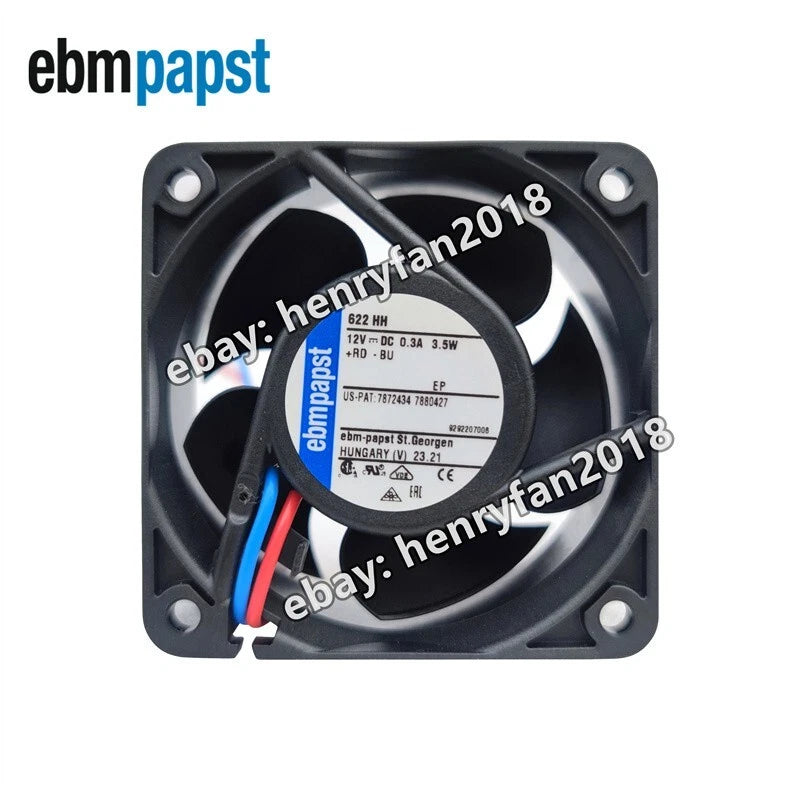 Ebmpapst 622HH DC Axial Fan 12V 3.5W 0.3A 60x60x25mm 56m3/h 2-wire Cooling Fan