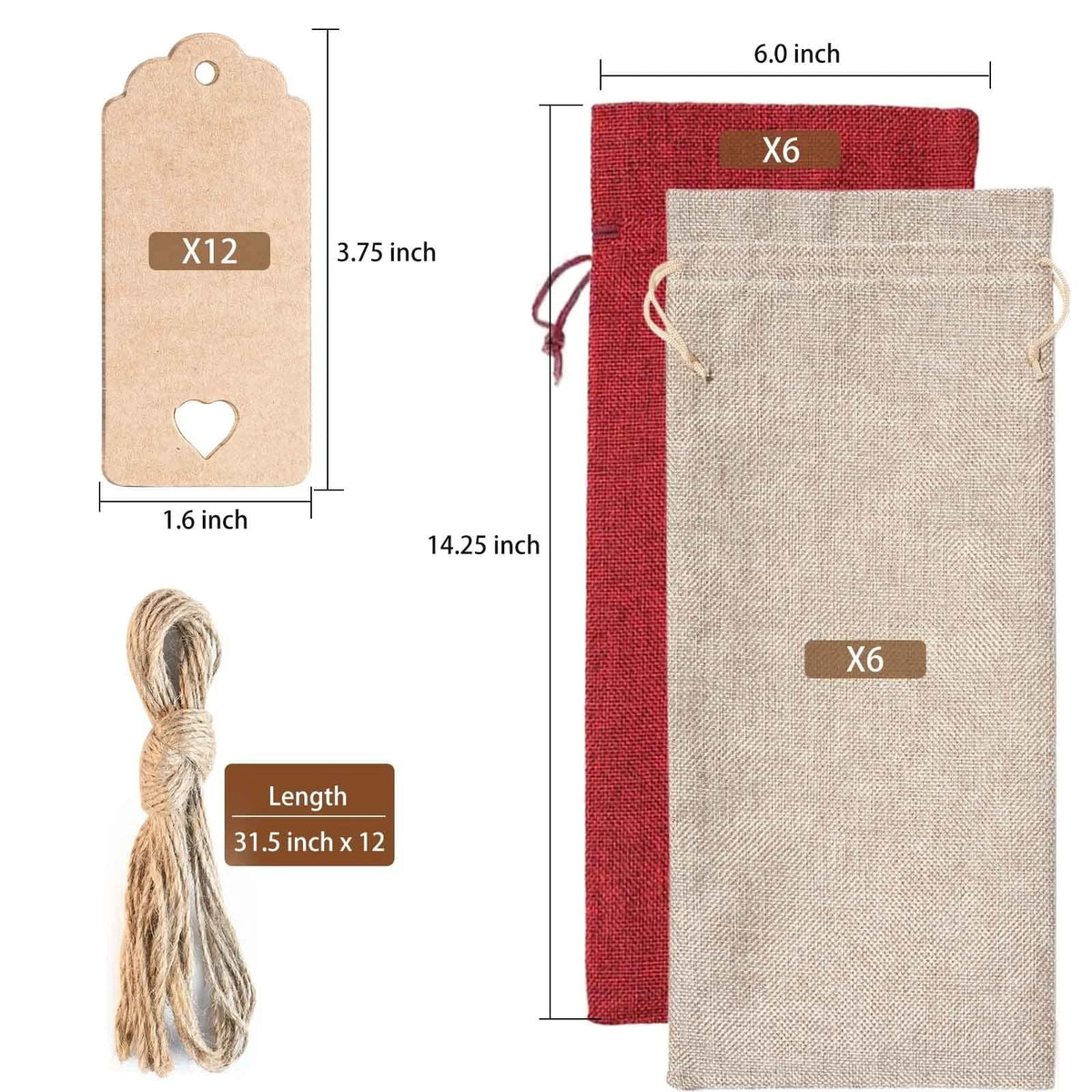 12 Pcs Burlap Wine Bags & Gift Tags, 12 Count (Pack of 1), Burlap/Red