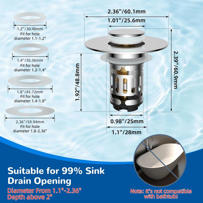 Hibbent Upgraded 3 in 1 Bathroom Sink Drain Strainer, Universal Pop Up Chrome