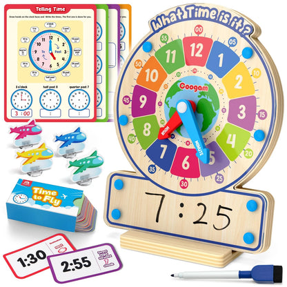 Coogam Wooden Clock Teaching Time Toy, Analog Medium, Red, Green, Blue