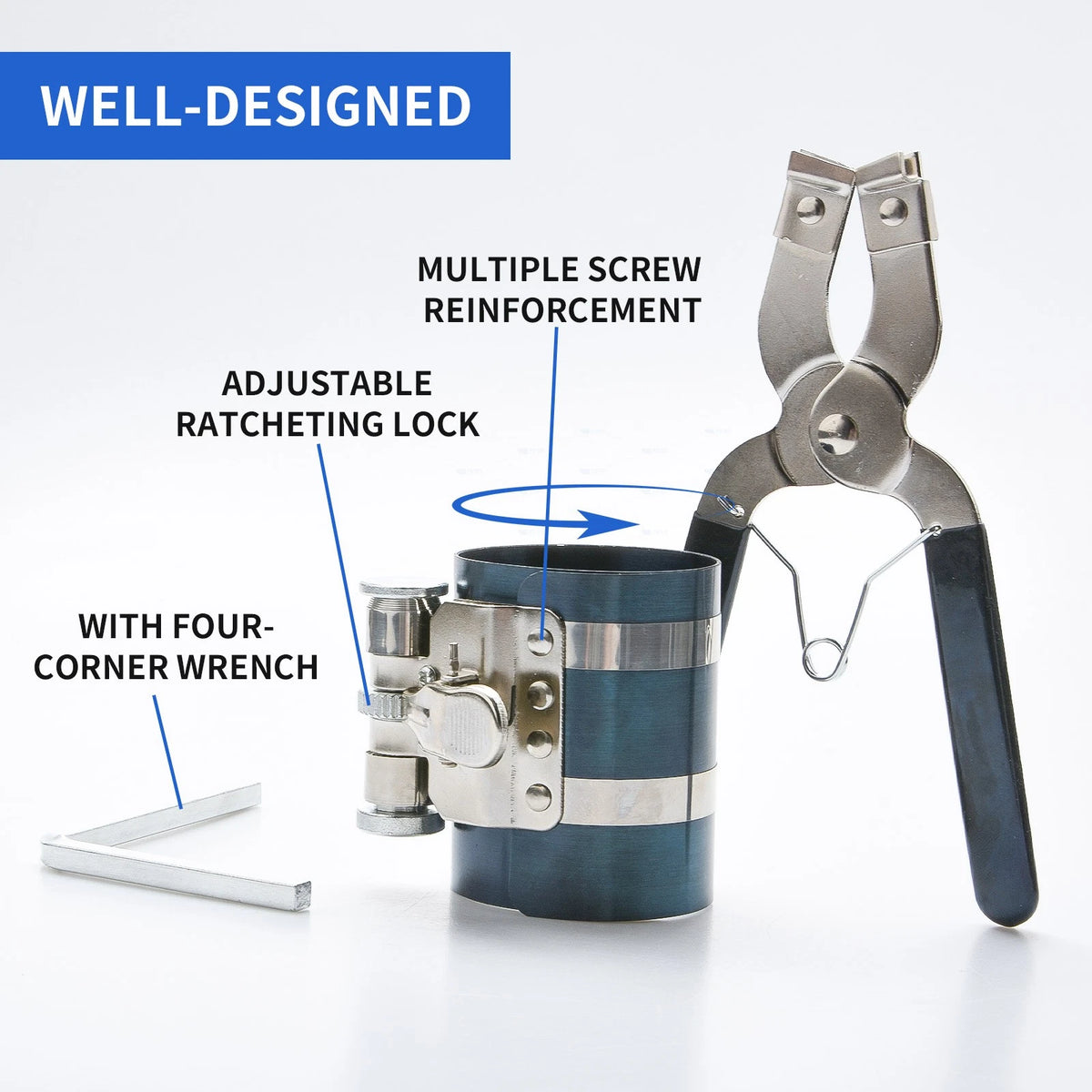 Non-slip Piston Ring Compressor Tool Set with Pliers & Wrench for Engine Rebuild
