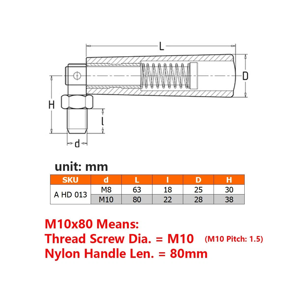 TAMSOI Nylon Revolving Handle with M8 M10 Male Thread Screw M10x80, Black