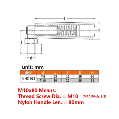 TAMSOI Nylon Revolving Handle with M8 M10 Male Thread Screw M10x80, Black
