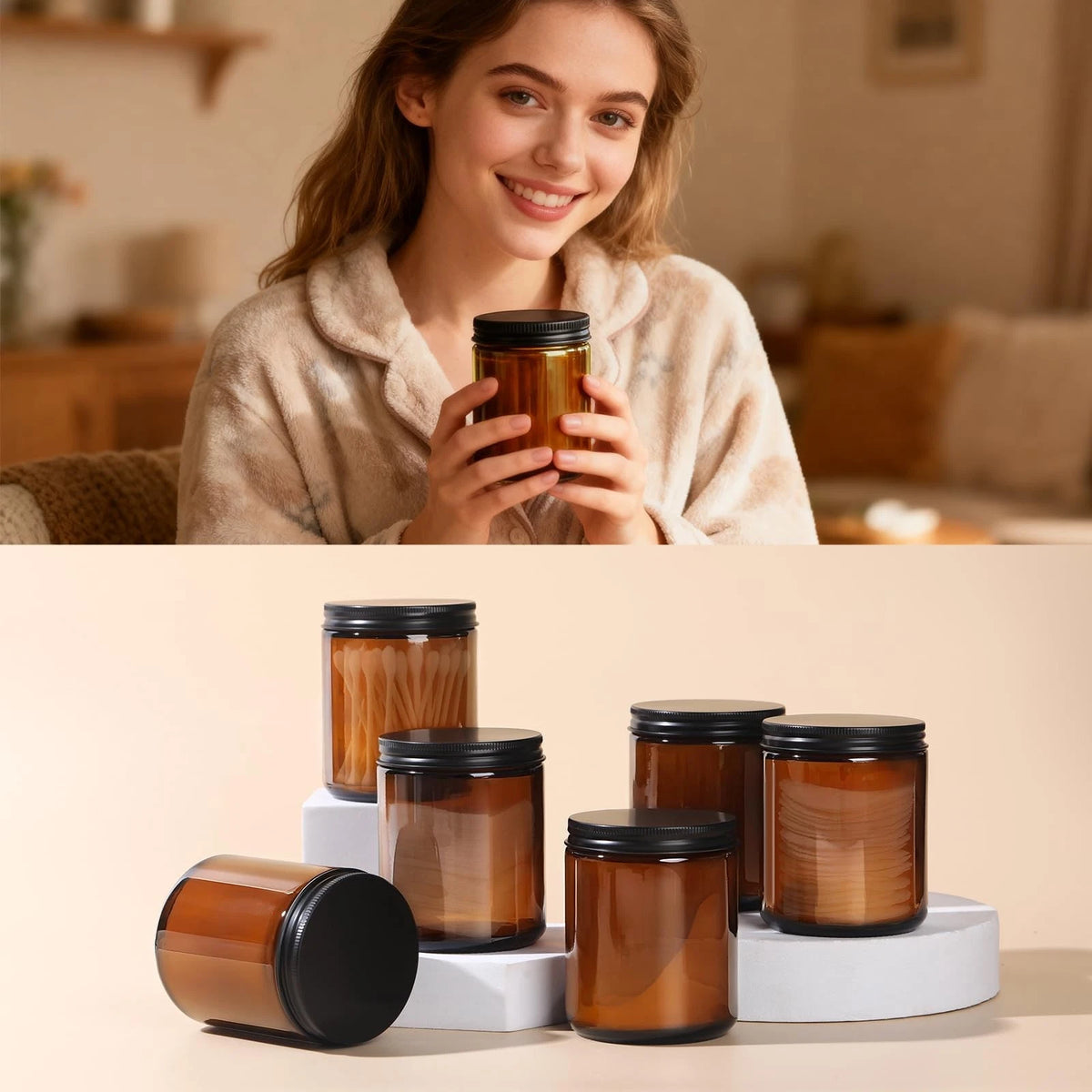 GIVAMEIHF 8oz Amber Glass Jars with Lids (3 Pack) - Empty Candle Amber-3 Pack