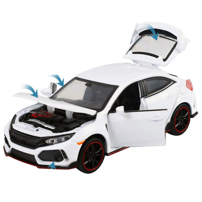 1/32 White Model Car Diecast Toy Collection Sound&Light For Honda Civic Type R D