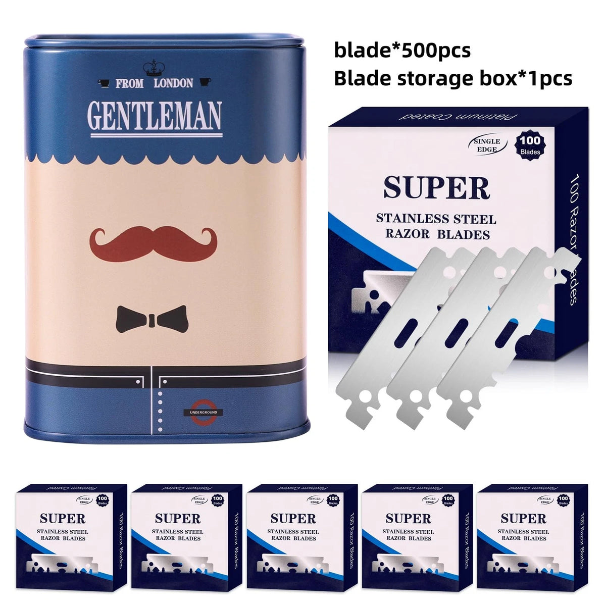 Razor Disposal Container + 500 Single Edge Blades, 4.2" x 3" x 3", Blue